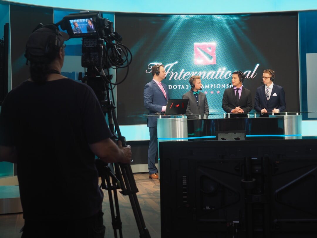 Live news broadcast set with anchor desk and studio cameras